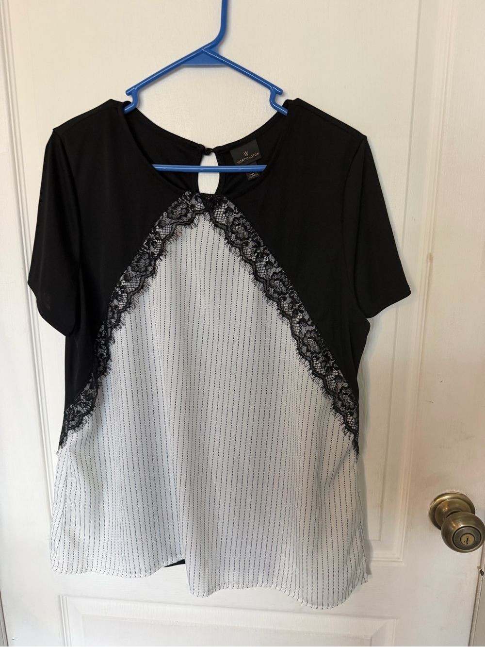 Worthington Black and White Lace-Trim Short Sleeve Blouse office wear